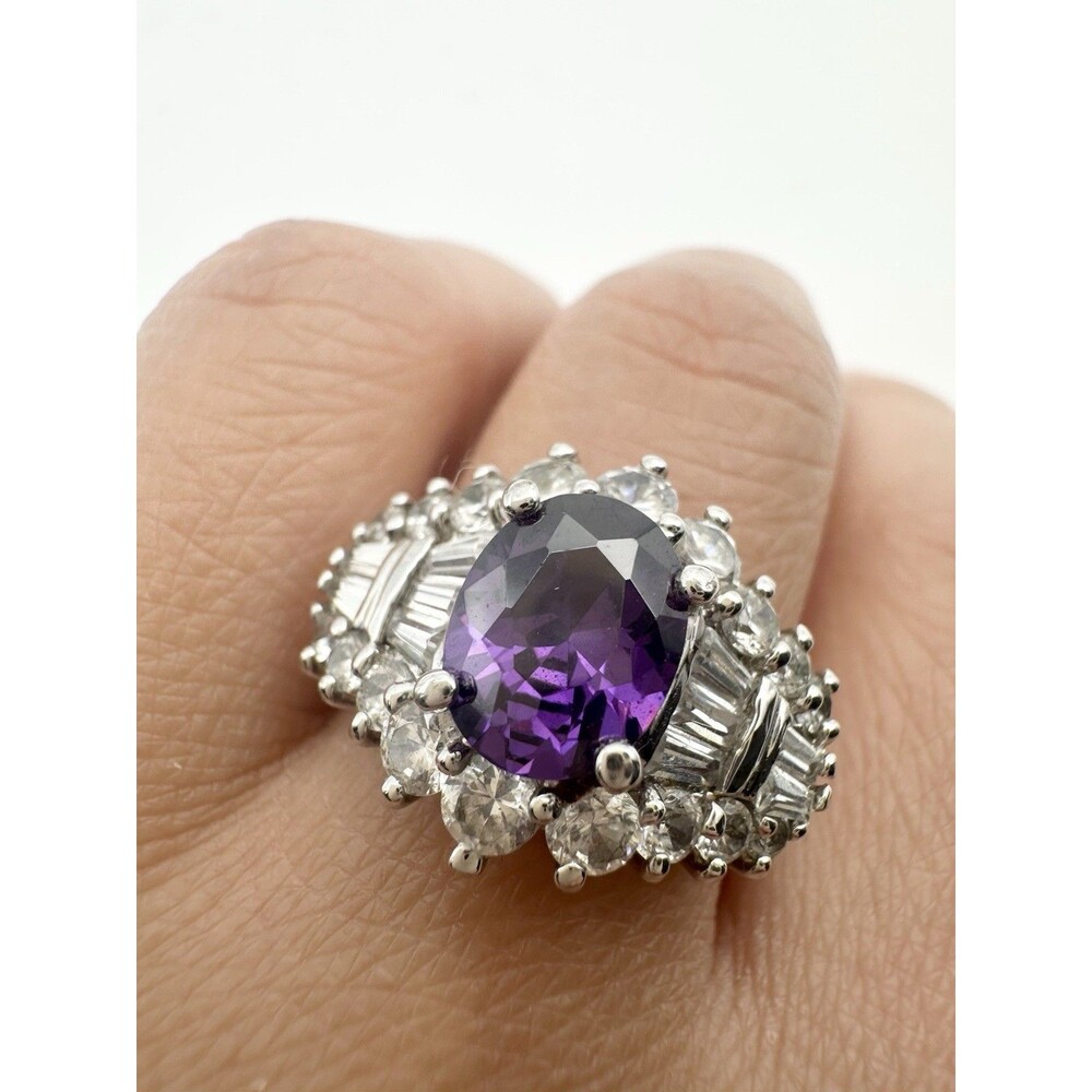 925 Sterling Silver Purple Stone Baguette Round Cut C Z Cocktail Ring Size 7